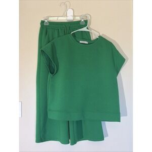 See and Be Seen Green Geometric Textured 2pc Set Shirt Top Pants Womens Small